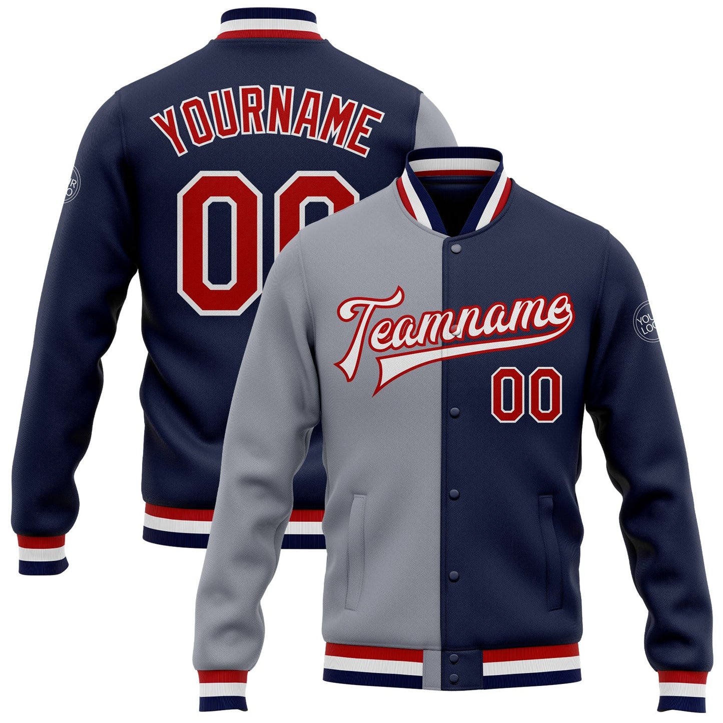 Custom Navy Red-Gray Bomber Full-Snap Varsity Letterman Split Fashion Jacket - Main View