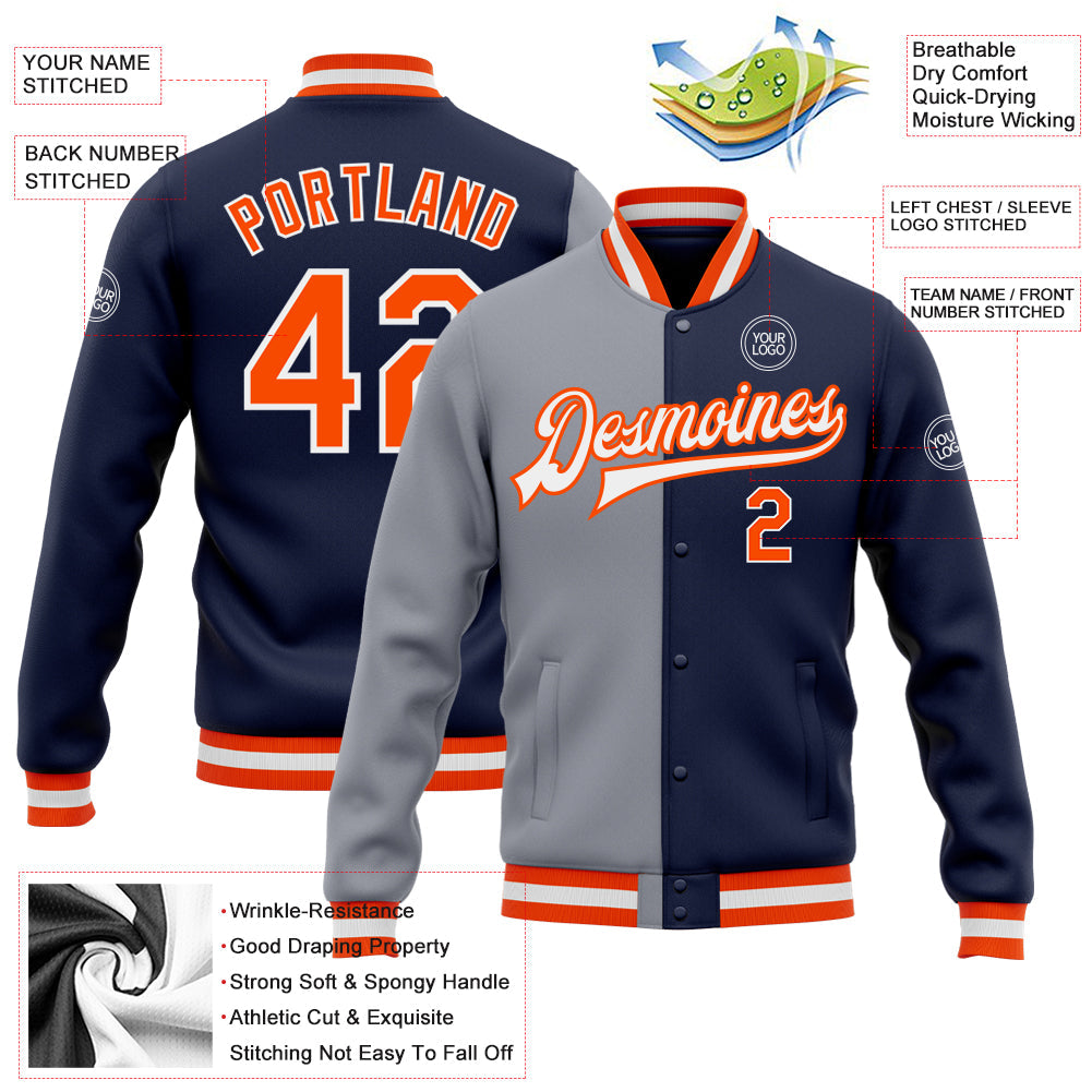 Custom Navy Orange-Gray Bomber Full-Snap Varsity Letterman Split Fashion Jacket view 5