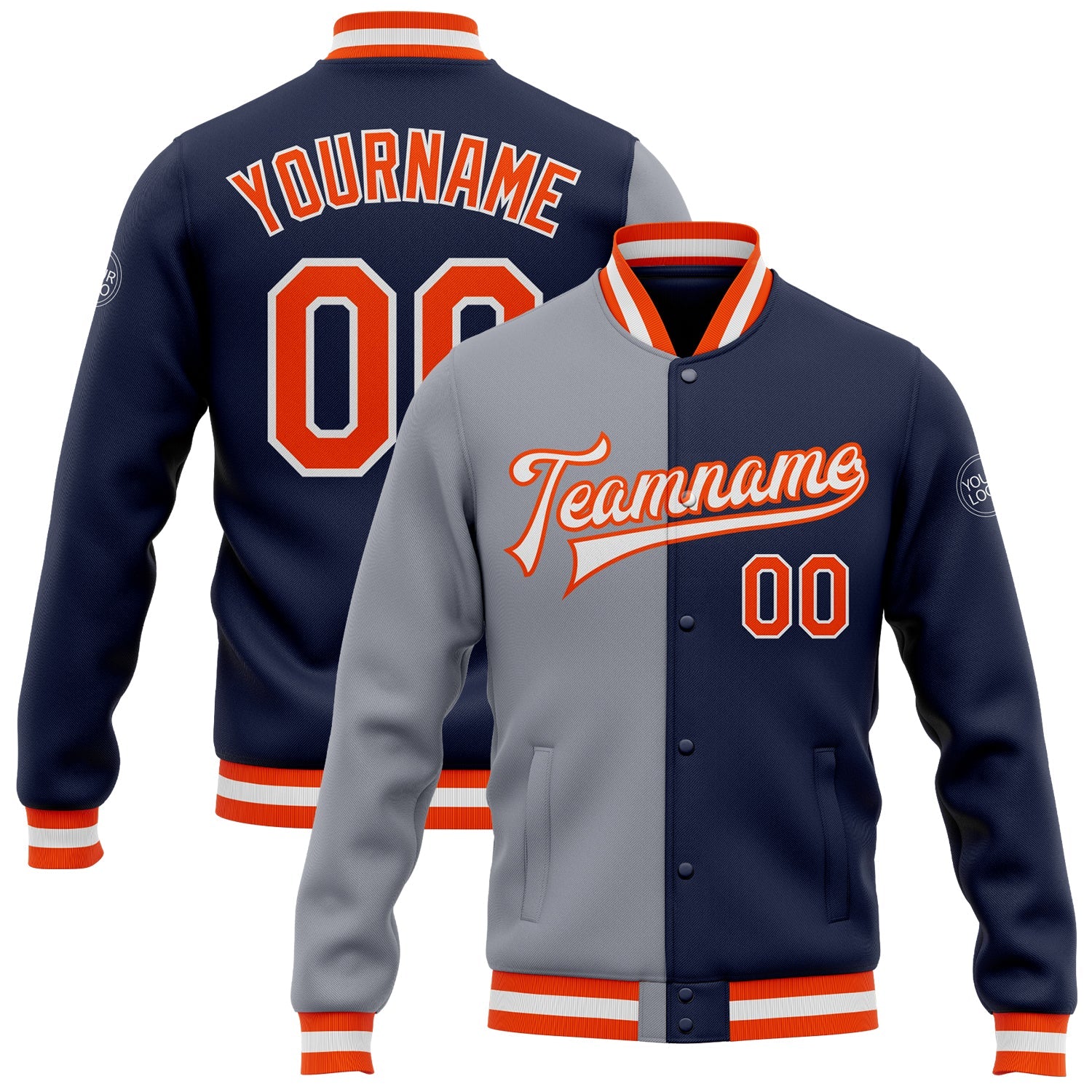 Custom Navy Orange-Gray Bomber Full-Snap Varsity Letterman Split Fashion Jacket - Main View
