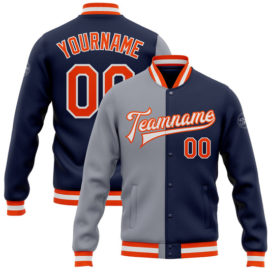 Custom Navy Orange-Gray Bomber Full-Snap Varsity Letterman Split Fashion Jacket - Main View