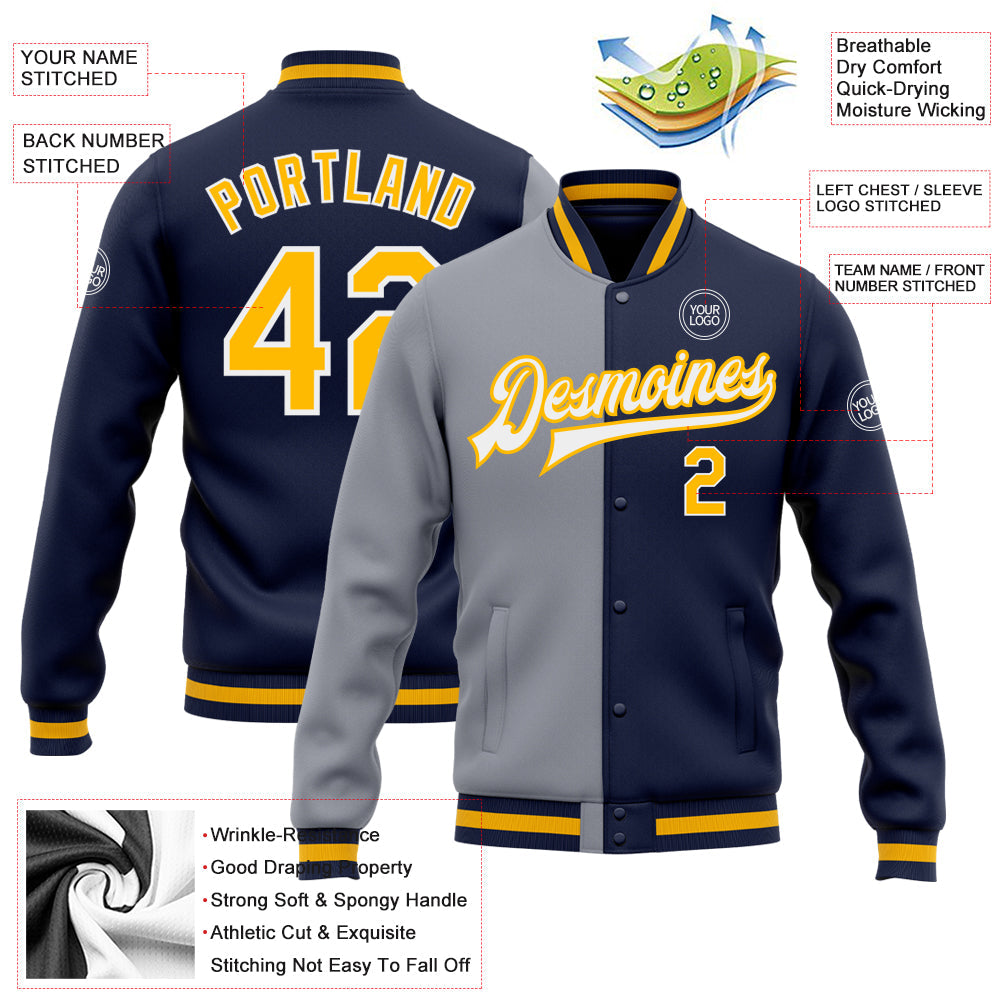 Custom Navy Gold-Gray Bomber Full-Snap Varsity Letterman Split Fashion Jacket view 5