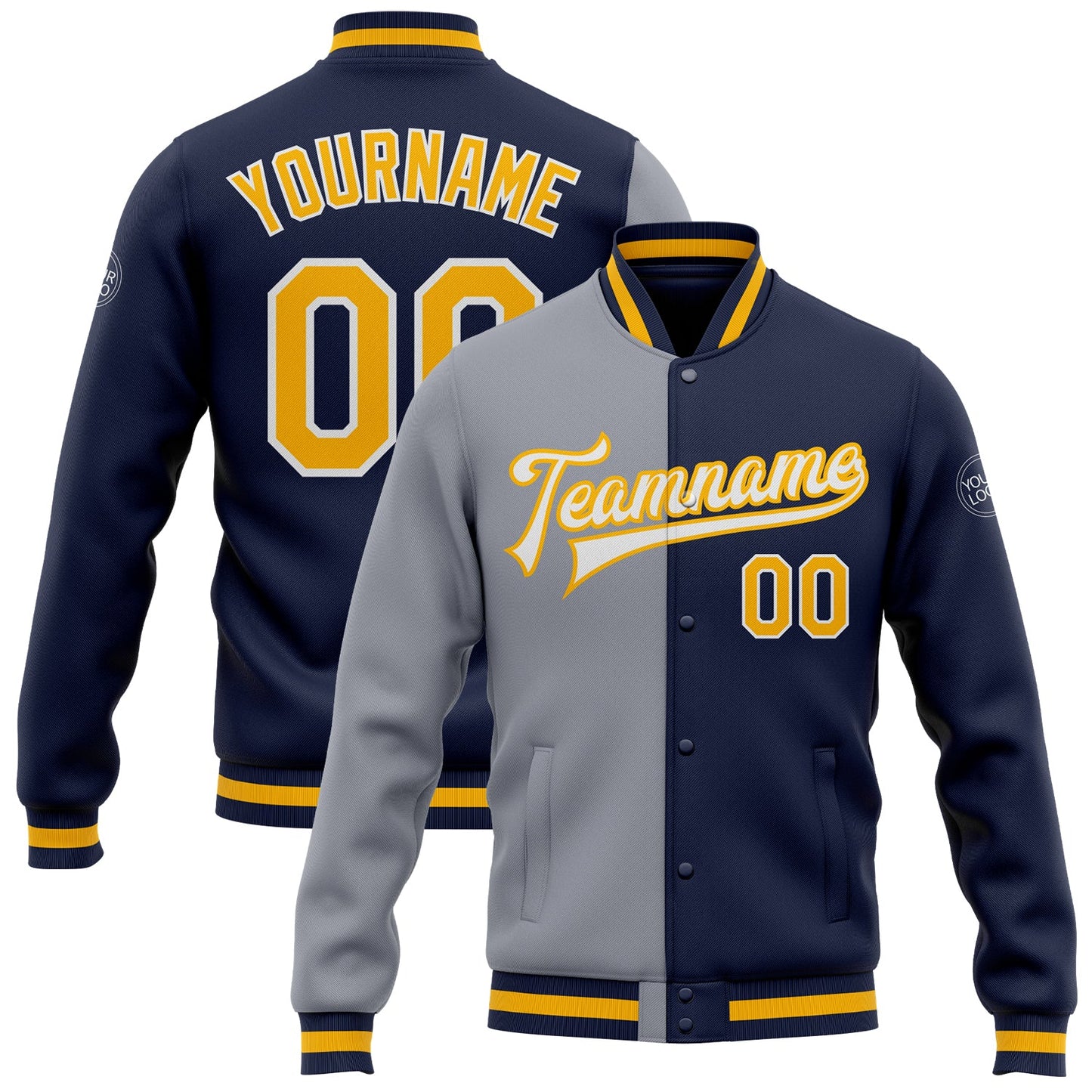 Custom Navy Gold-Gray Bomber Full-Snap Varsity Letterman Split Fashion Jacket - Main View