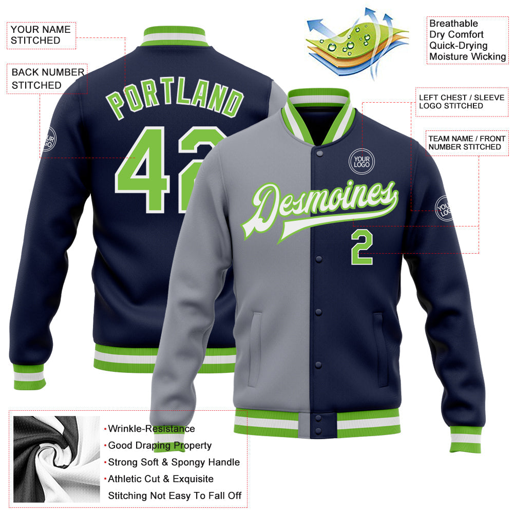 Custom Navy Neon Green-Gray Bomber Full-Snap Varsity Letterman Split Fashion Jacket view 5