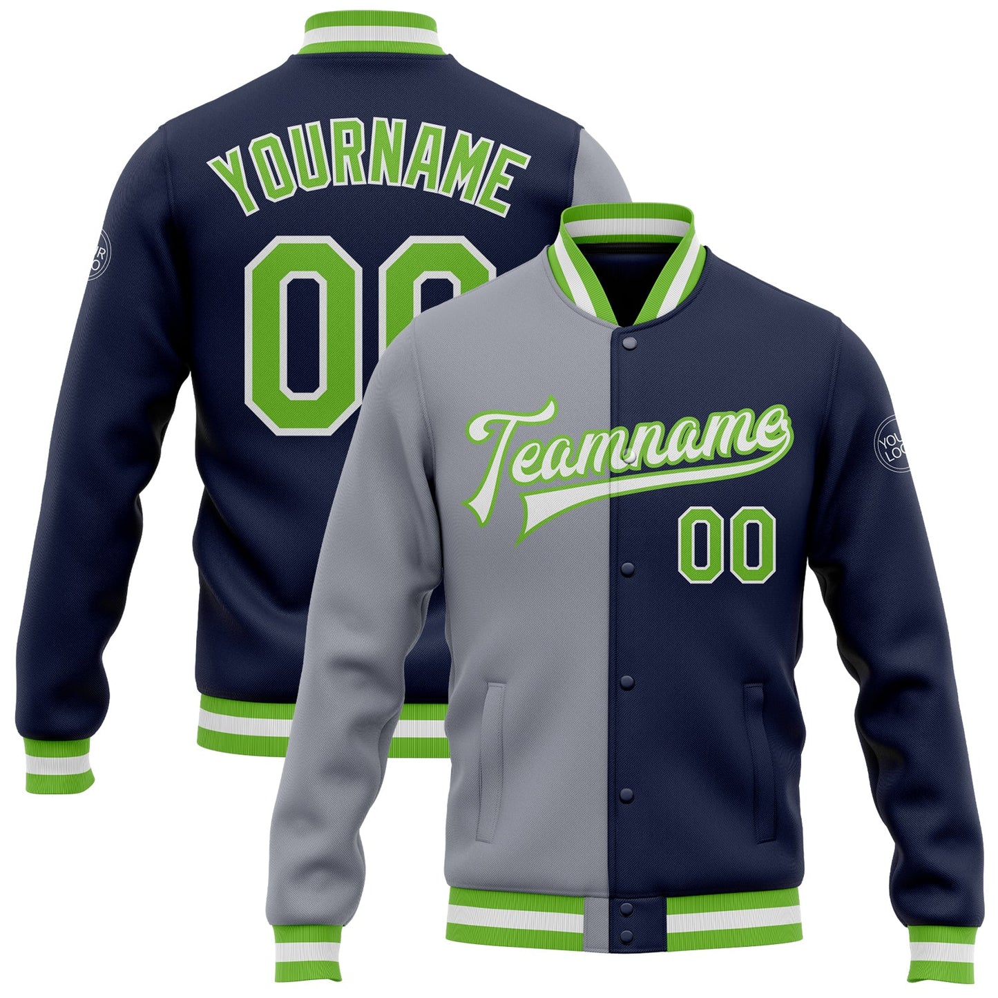 Custom Navy Neon Green-Gray Bomber Full-Snap Varsity Letterman Split Fashion Jacket - Main View