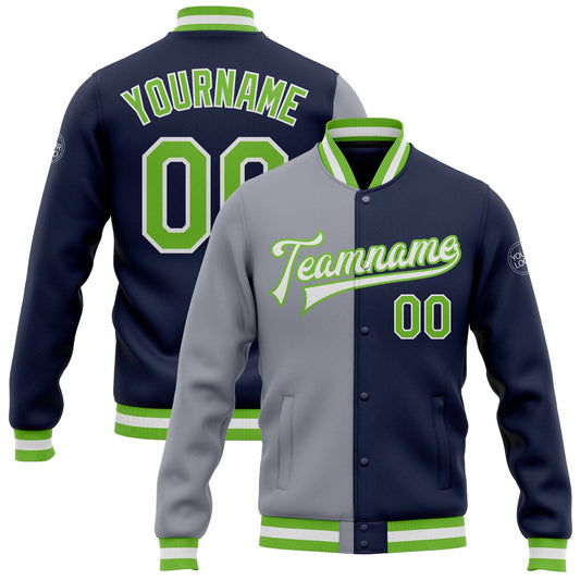 Custom Navy Neon Green-Gray Bomber Full-Snap Varsity Letterman Split Fashion Jacket - Main View
