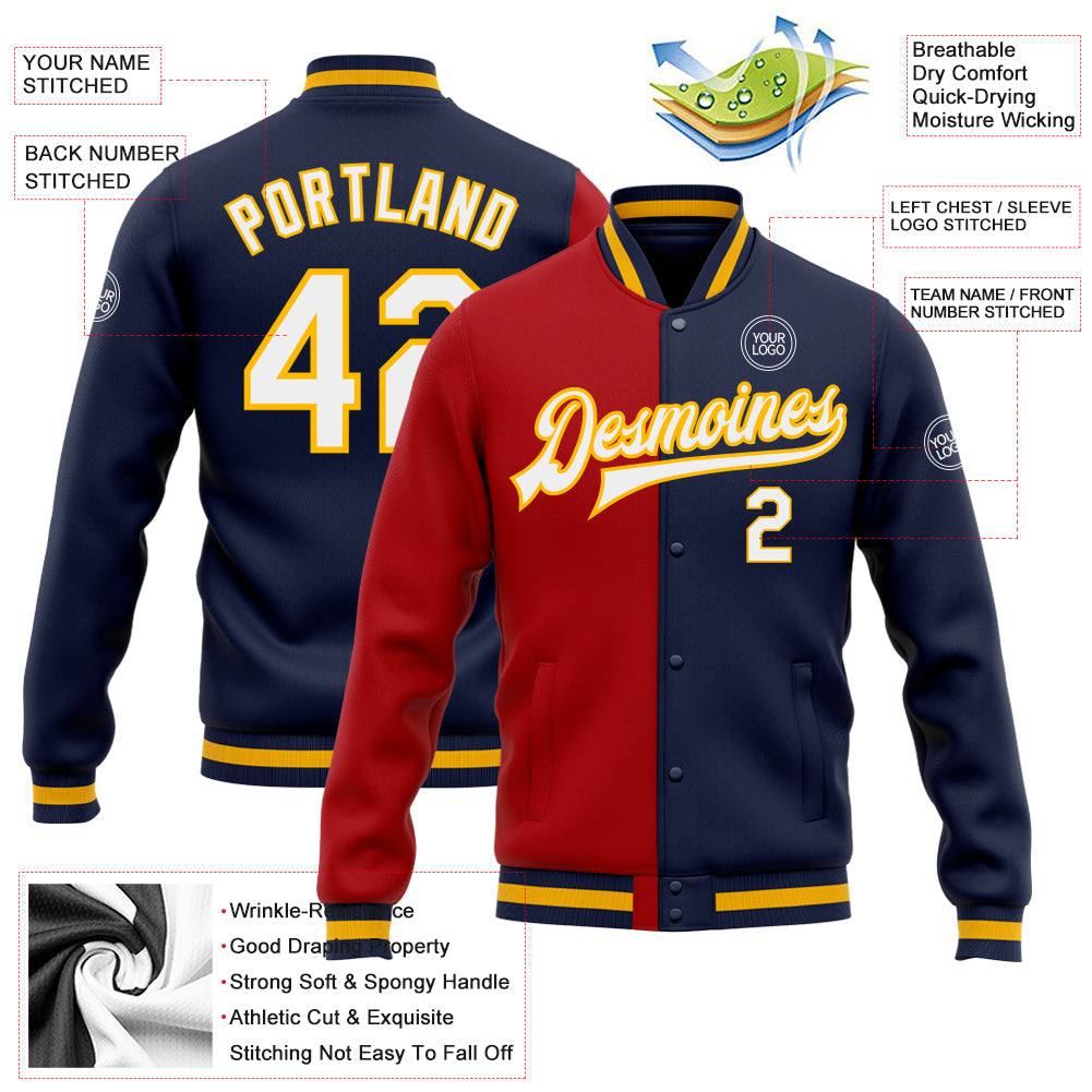 Custom Navy White Red-Gold Bomber Full-Snap Varsity Letterman Split Fashion Jacket view 5