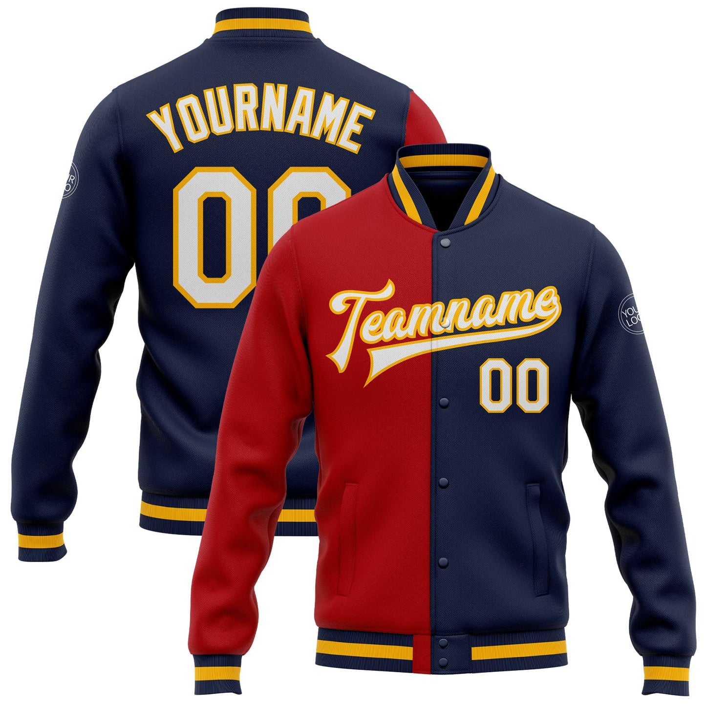 Custom Navy White Red-Gold Bomber Full-Snap Varsity Letterman Split Fashion Jacket - Main View