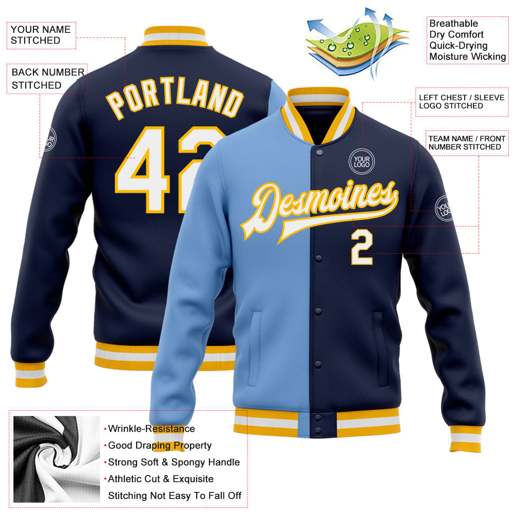 Custom Navy White Light Blue-Gold Bomber Full-Snap Varsity Letterman Split Fashion Jacket view 5