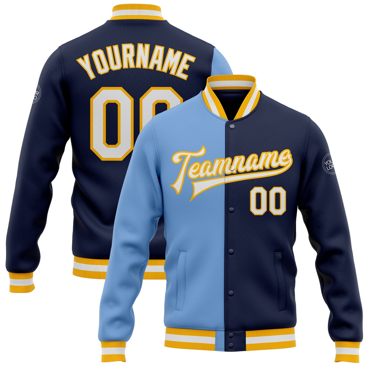 Custom Navy White Light Blue-Gold Bomber Full-Snap Varsity Letterman Split Fashion Jacket - Main View