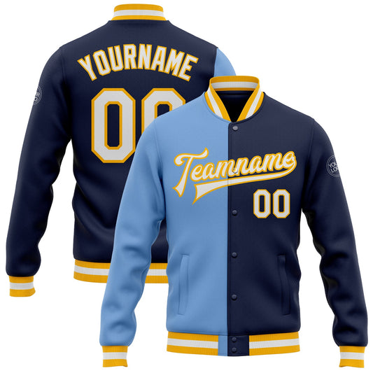 Custom Navy White Light Blue-Gold Bomber Full-Snap Varsity Letterman Split Fashion Jacket - Main View