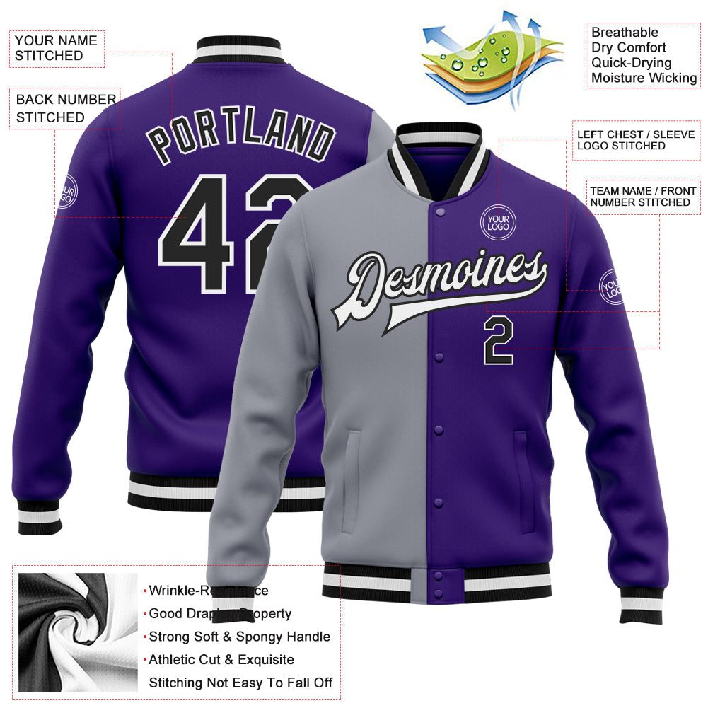 Custom Purple Black-Gray Bomber Full-Snap Varsity Letterman Split Fashion Jacket view 5