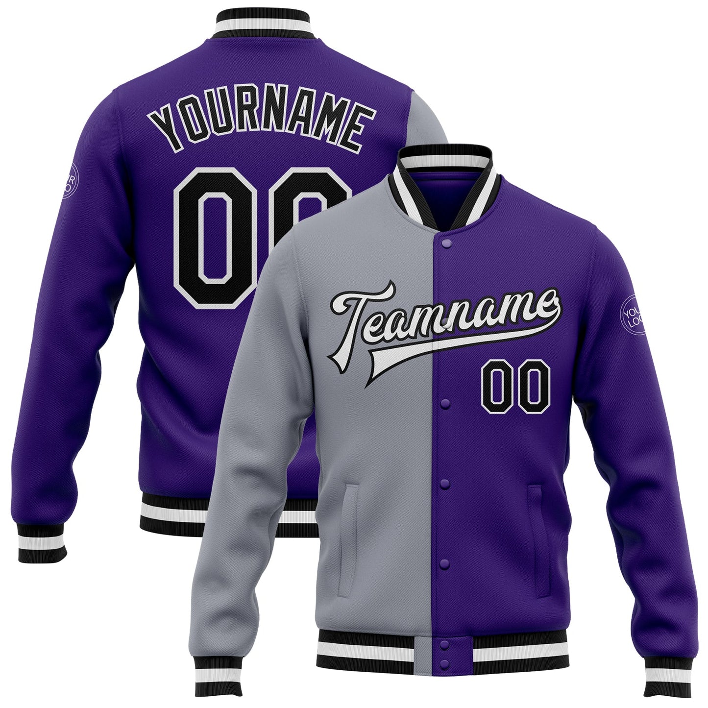 Custom Purple Black-Gray Bomber Full-Snap Varsity Letterman Split Fashion Jacket - Main View