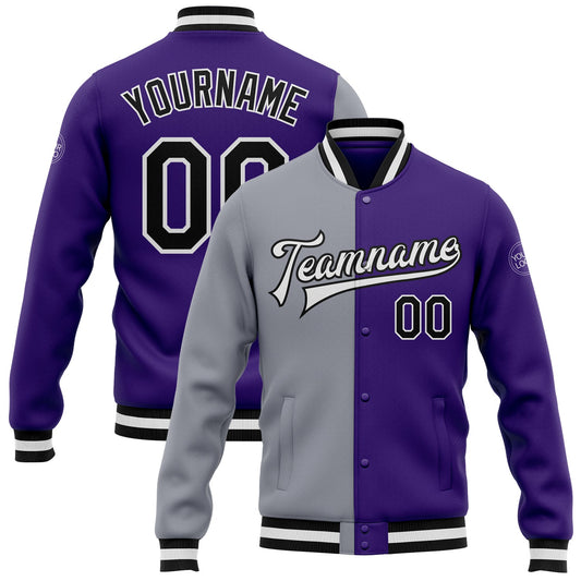 Custom Purple Black-Gray Bomber Full-Snap Varsity Letterman Split Fashion Jacket - Main View