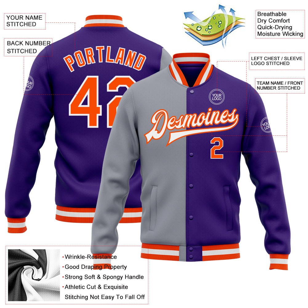 Custom Purple Orange-Gray Bomber Full-Snap Varsity Letterman Split Fashion Jacket view 5