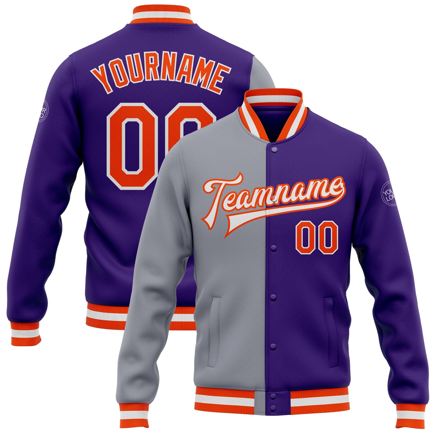 Custom Purple Orange-Gray Bomber Full-Snap Varsity Letterman Split Fashion Jacket - Main View