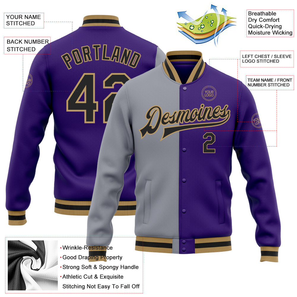 Custom Purple Black Gray-Old Gold Bomber Full-Snap Varsity Letterman Split Fashion Jacket view 5