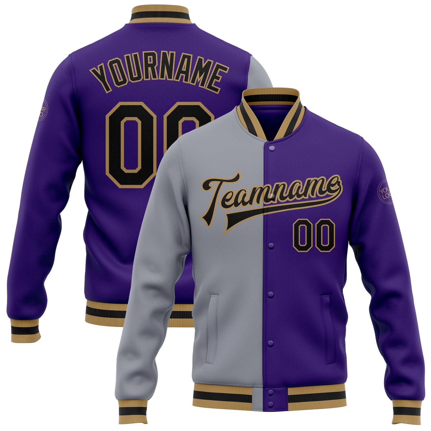 Custom Purple Black Gray-Old Gold Bomber Full-Snap Varsity Letterman Split Fashion Jacket - Main View