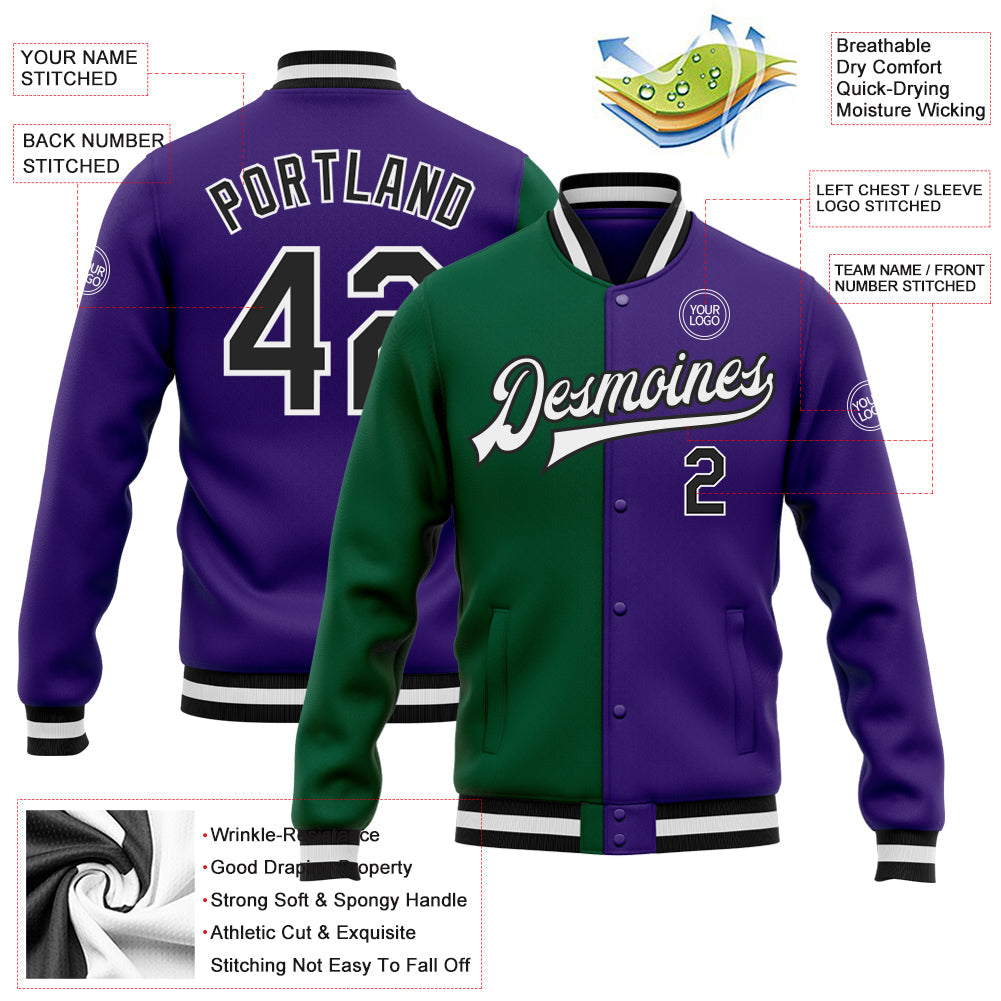 Custom Purple Black Kelly Green Bomber Full-Snap Varsity Letterman Split Fashion Jacket view 5