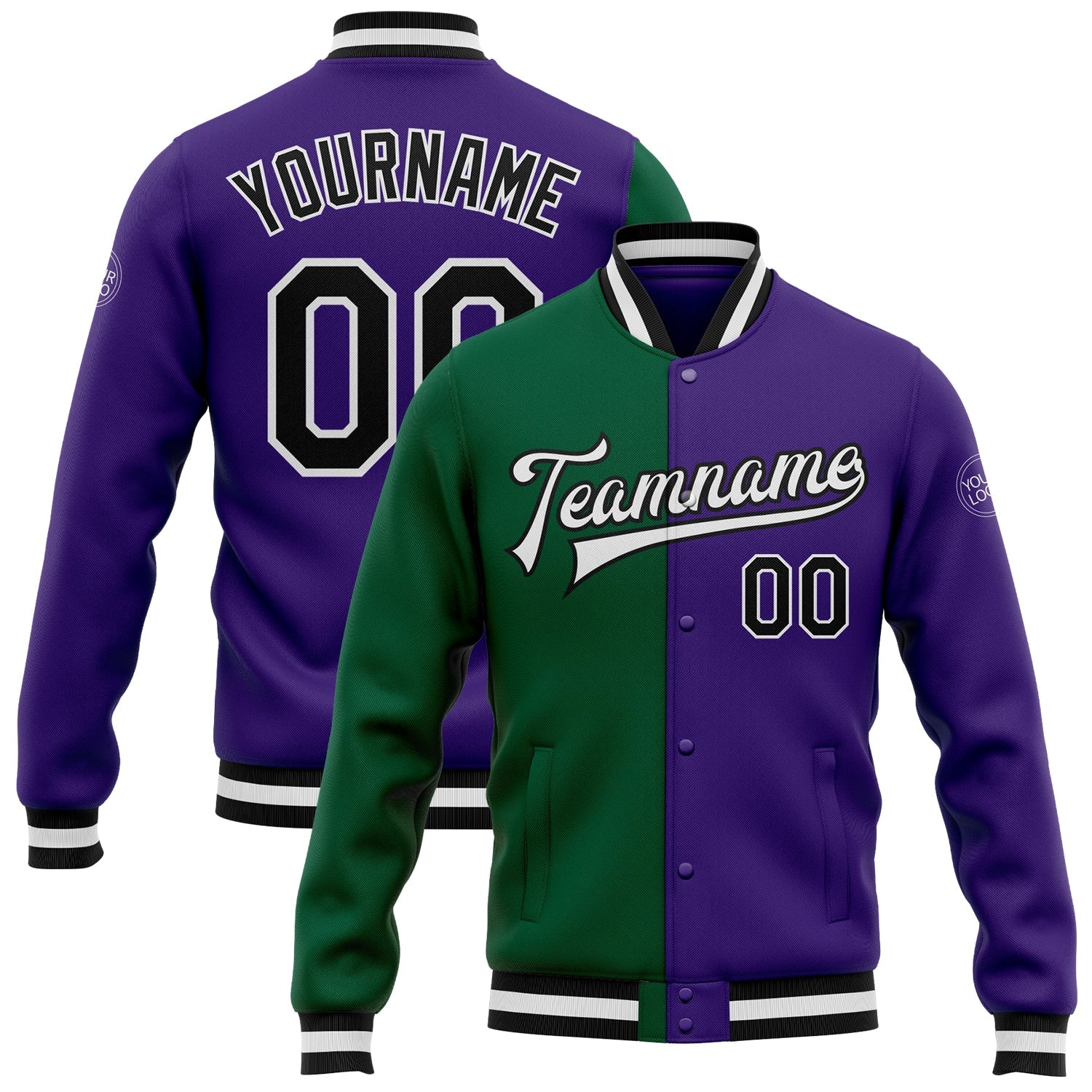 Custom Purple Black Kelly Green Bomber Full-Snap Varsity Letterman Split Fashion Jacket - Main View