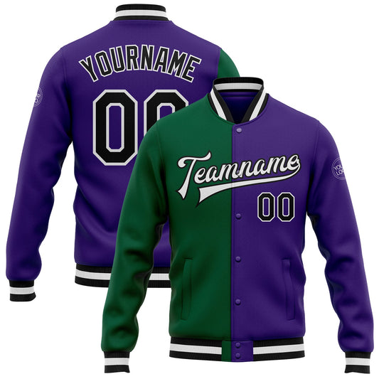 Custom Purple Black Kelly Green Bomber Full-Snap Varsity Letterman Split Fashion Jacket - Main View