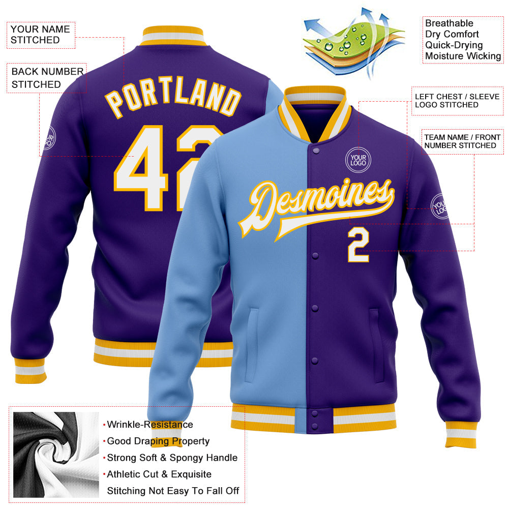 Custom Purple White Light Blue-Gold Bomber Full-Snap Varsity Letterman Split Fashion Jacket view 5