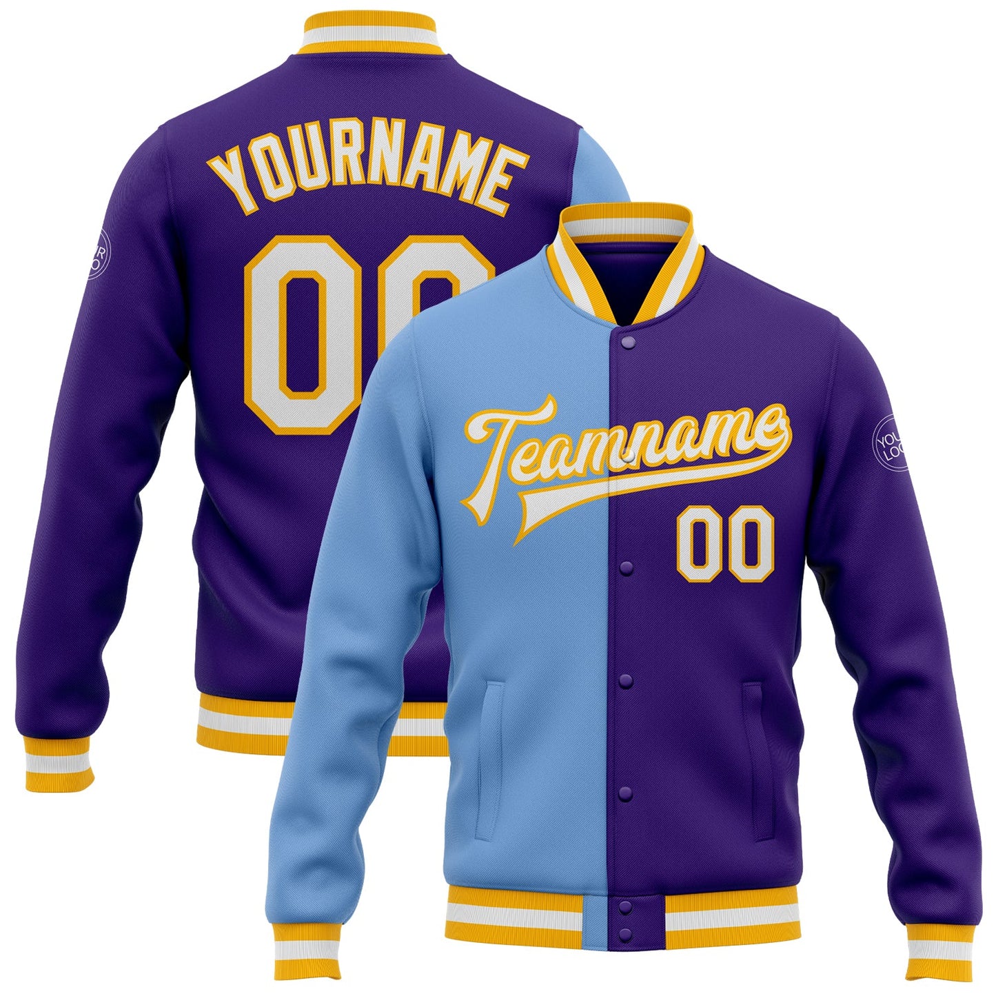 Custom Purple White Light Blue-Gold Bomber Full-Snap Varsity Letterman Split Fashion Jacket - Main View