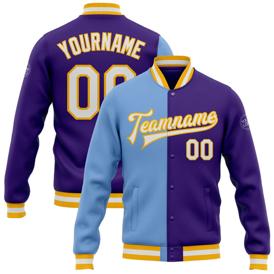Custom Purple White Light Blue-Gold Bomber Full-Snap Varsity Letterman Split Fashion Jacket - Main View