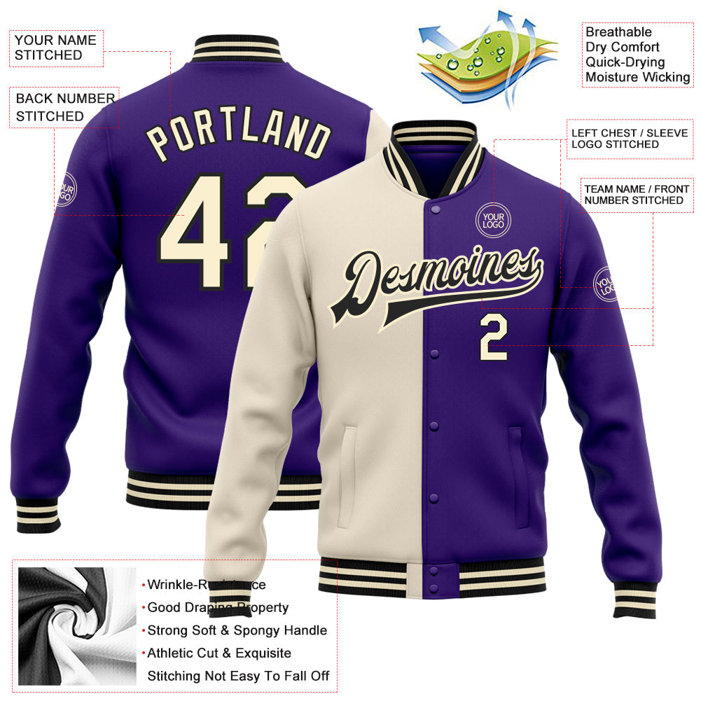 Custom Purple Cream-Black Bomber Full-Snap Varsity Letterman Split Fashion Jacket view 5