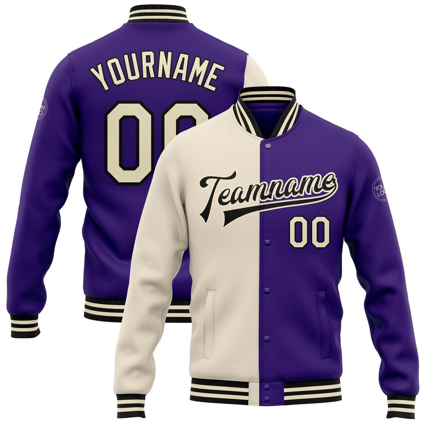 Custom Purple Cream-Black Bomber Full-Snap Varsity Letterman Split Fashion Jacket - Main View