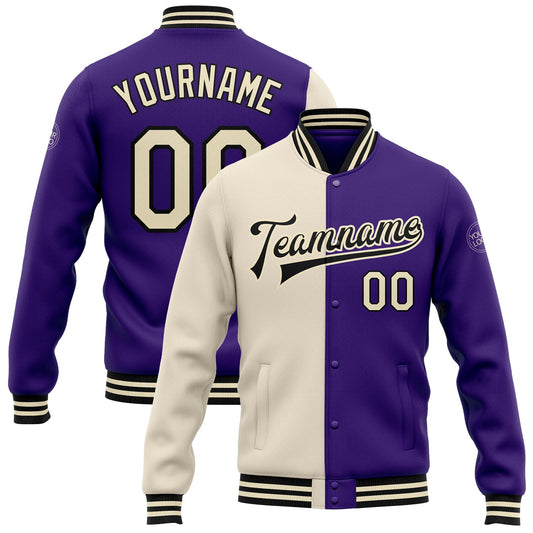 Custom Purple Cream-Black Bomber Full-Snap Varsity Letterman Split Fashion Jacket - Main View