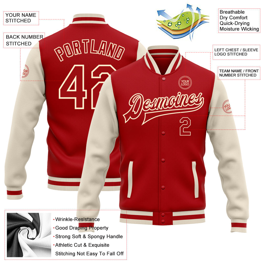 Custom Red Red-Cream Bomber Full-Snap Varsity Letterman Two Tone Jacket view 5