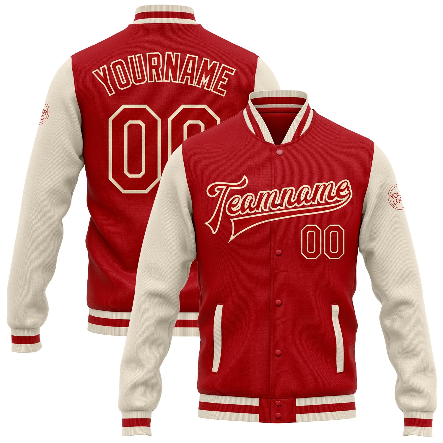 Custom Red Red-Cream Bomber Full-Snap Varsity Letterman Two Tone Jacket - Main View