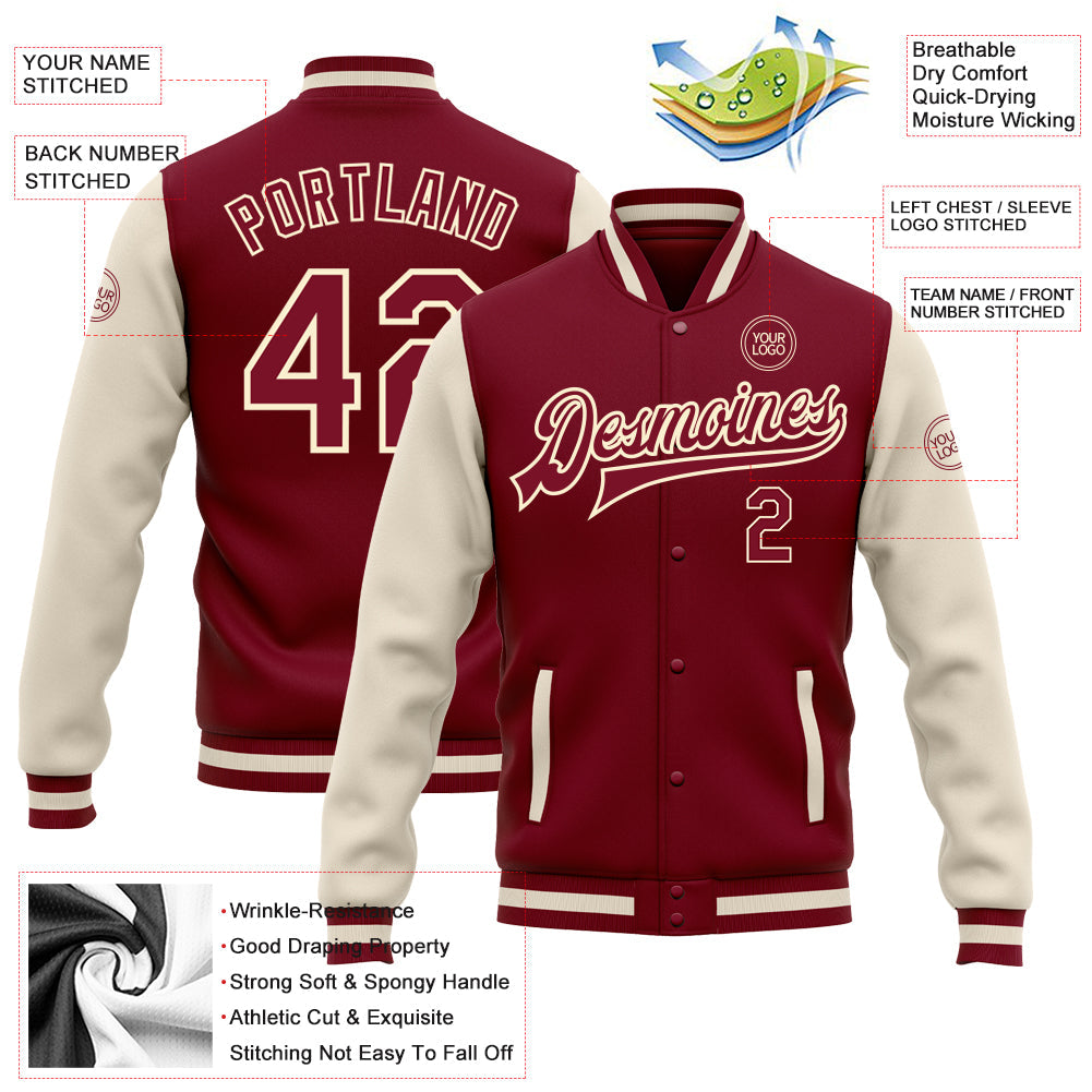 Custom Crimson Crimson Cream-Maroon Bomber Full-Snap Varsity Letterman Two Tone Jacket view 5