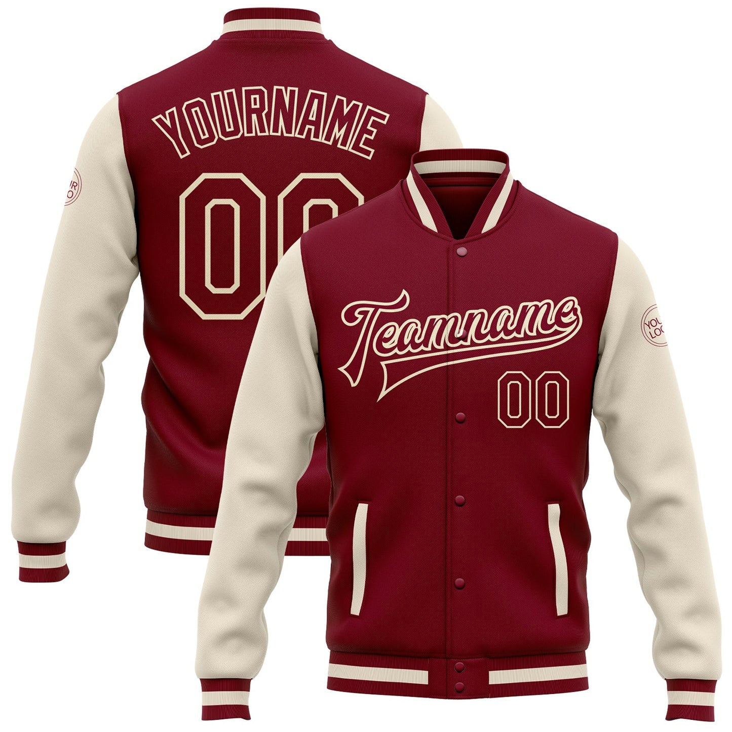 Custom Crimson Crimson Cream-Maroon Bomber Full-Snap Varsity Letterman Two Tone Jacket - Main View