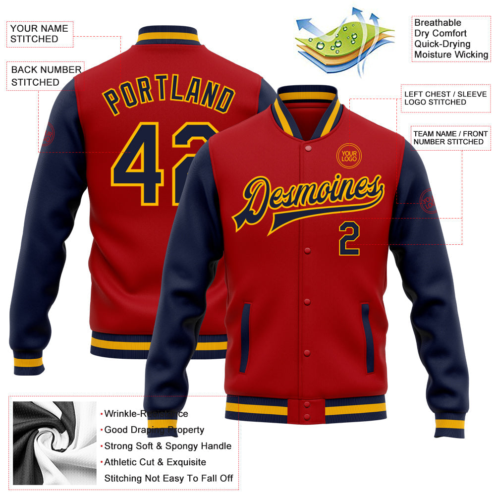 Custom Red Navy-Gold Bomber Full-Snap Varsity Letterman Two Tone Jacket view 5