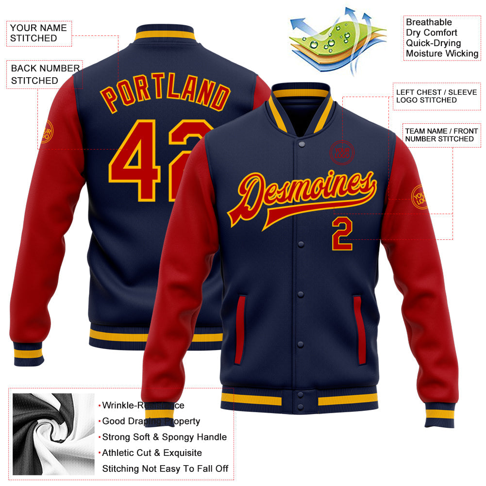 Custom Navy Red-Gold Bomber Full-Snap Varsity Letterman Two Tone Jacket view 5