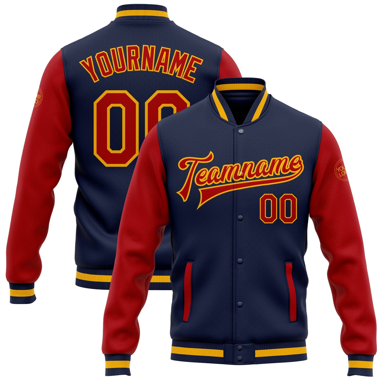 Custom Navy Red-Gold Bomber Full-Snap Varsity Letterman Two Tone Jacket - Main View