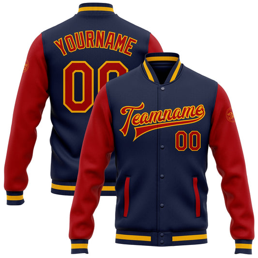 Custom Navy Red-Gold Bomber Full-Snap Varsity Letterman Two Tone Jacket - Main View
