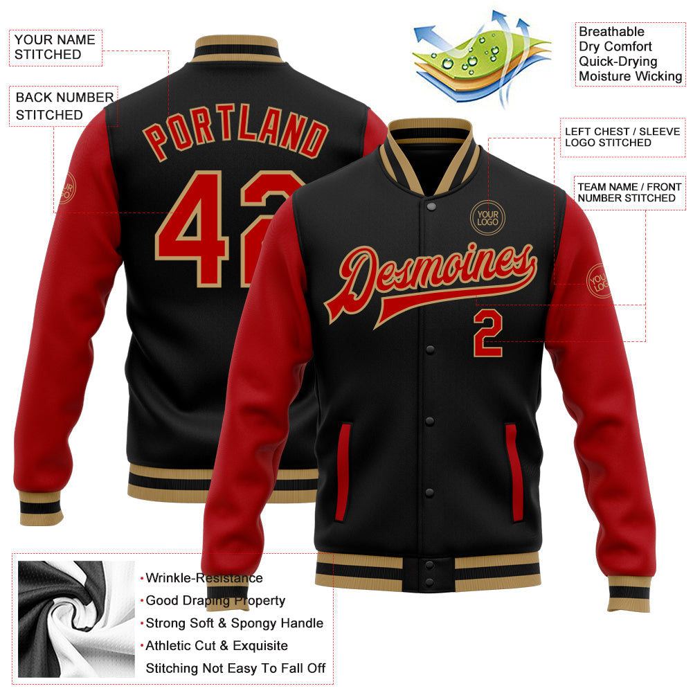 Custom Black Red-Old Gold Bomber Full-Snap Varsity Letterman Two Tone Jacket view 5