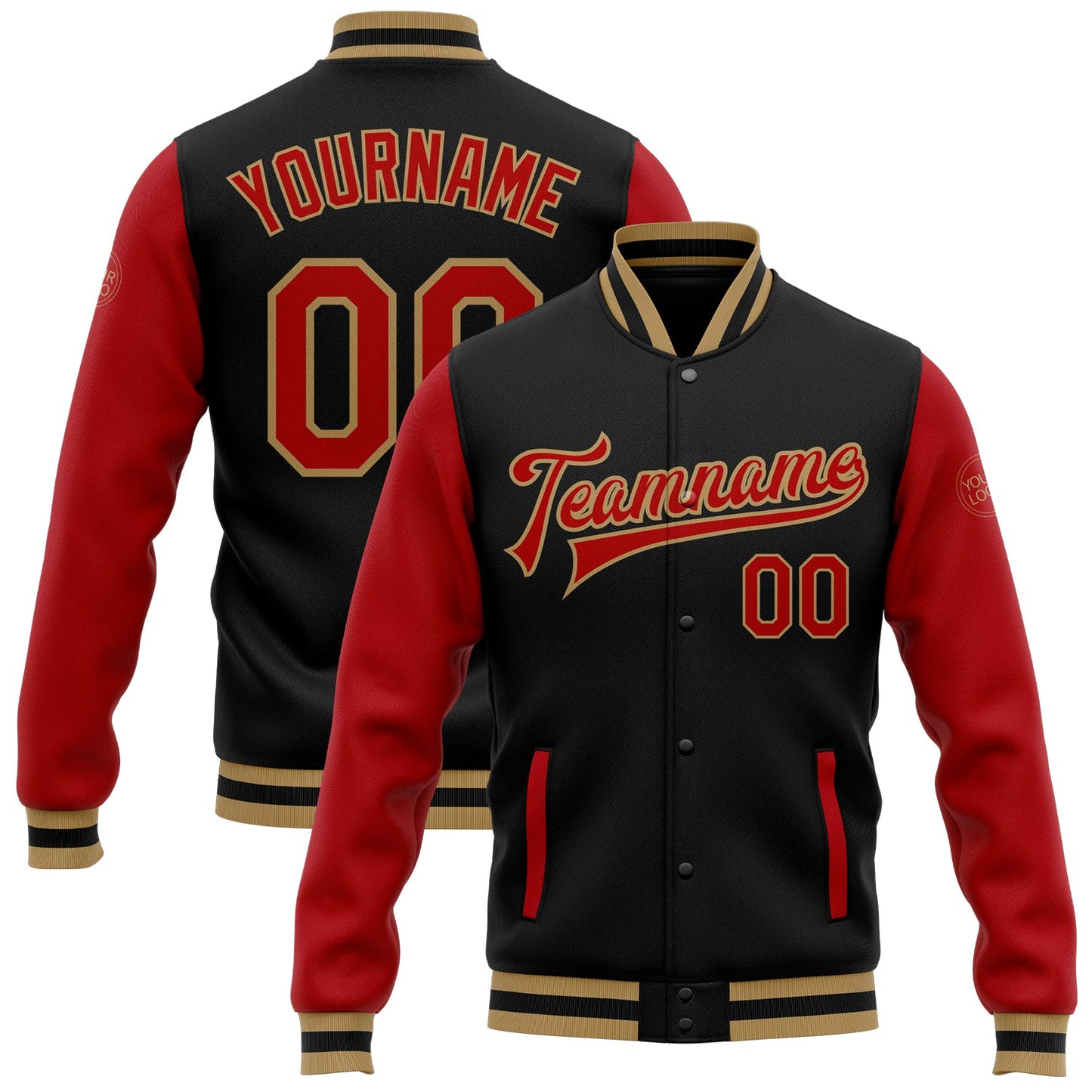 Custom Black Red-Old Gold Bomber Full-Snap Varsity Letterman Two Tone Jacket - Main View