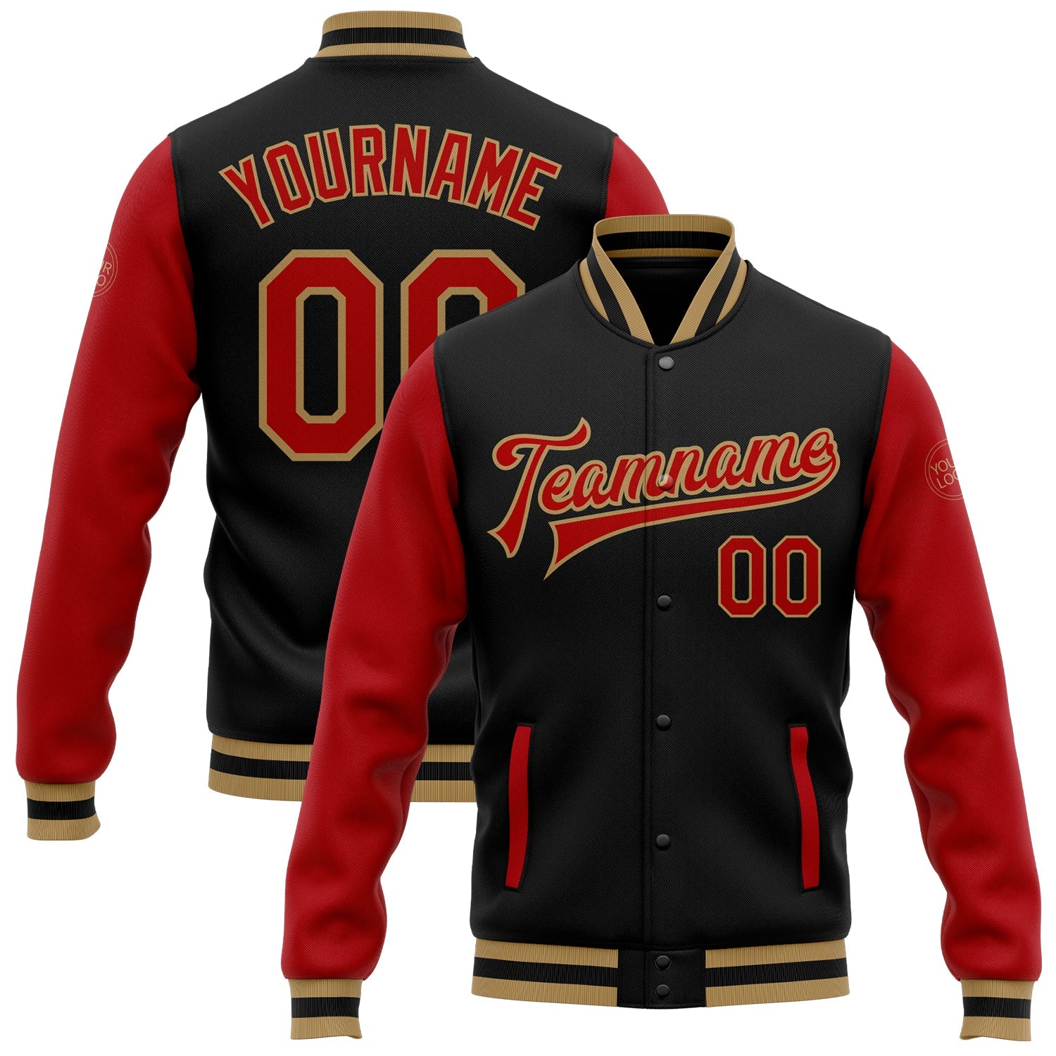 Custom Black Red-Old Gold Bomber Full-Snap Varsity Letterman Two Tone Jacket - Main View