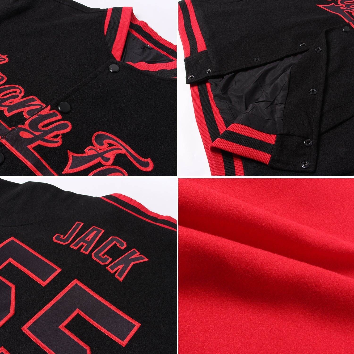 Custom Red Black-Old Gold Bomber Full-Snap Varsity Letterman Two Tone Jacket view 4