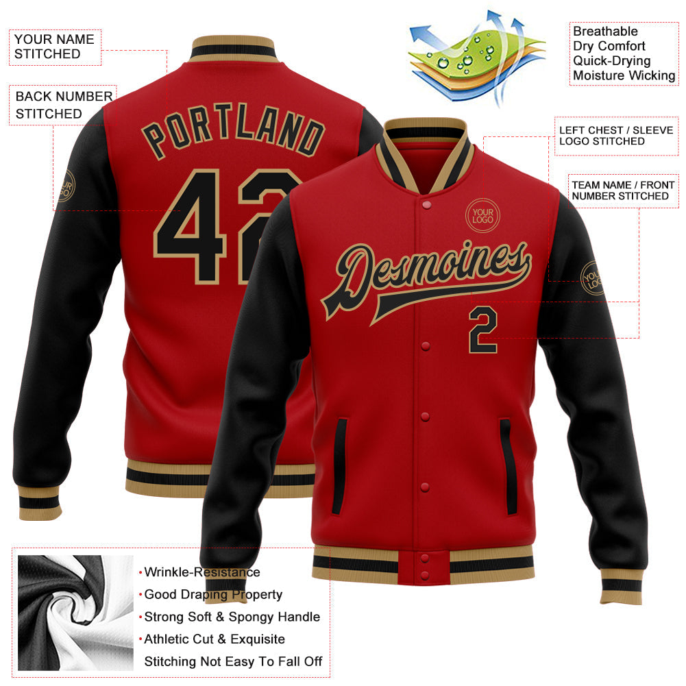 Custom Red Black-Old Gold Bomber Full-Snap Varsity Letterman Two Tone Jacket view 5
