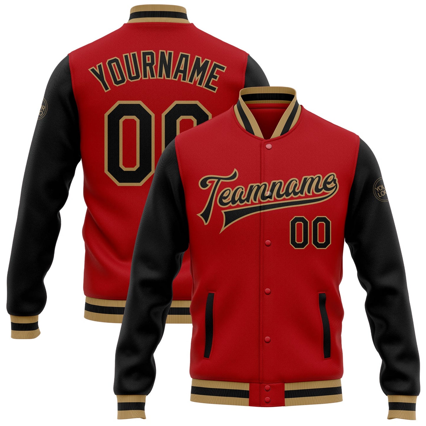 Custom Red Black-Old Gold Bomber Full-Snap Varsity Letterman Two Tone Jacket - Main View
