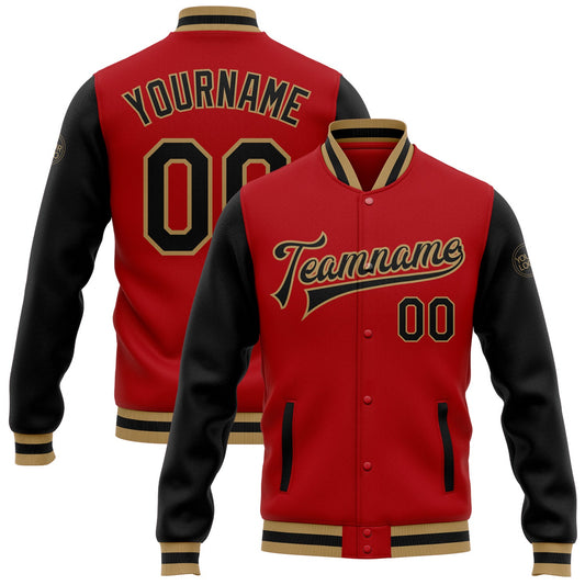 Custom Red Black-Old Gold Bomber Full-Snap Varsity Letterman Two Tone Jacket - Main View