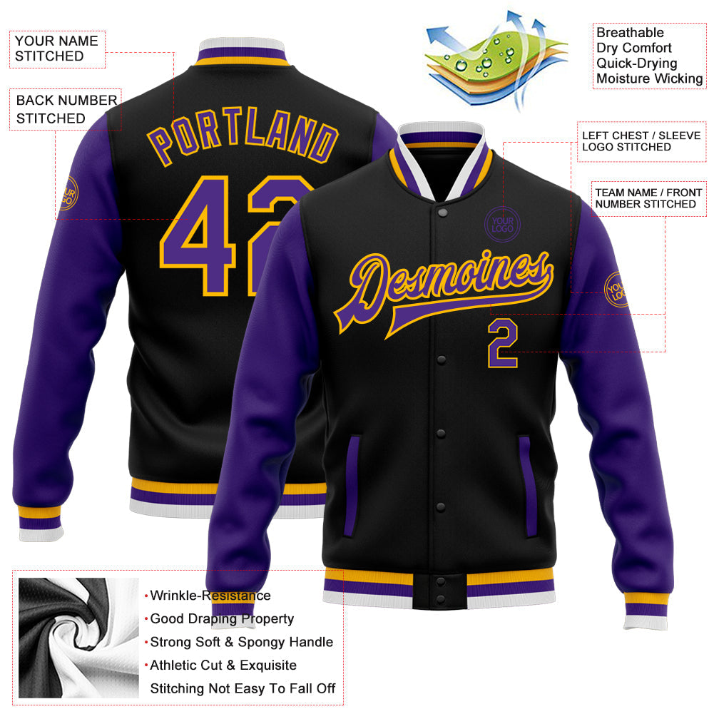 Custom Black Purple-Gold Bomber Full-Snap Varsity Letterman Two Tone Jacket view 5