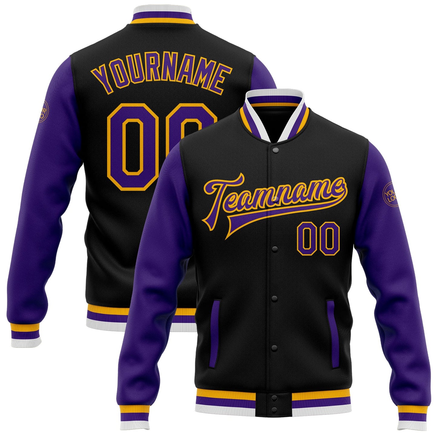 Custom Black Purple-Gold Bomber Full-Snap Varsity Letterman Two Tone Jacket - Main View