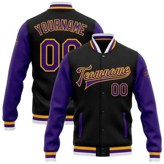 Custom Black Purple-Gold Bomber Full-Snap Varsity Letterman Two Tone Jacket - Main View