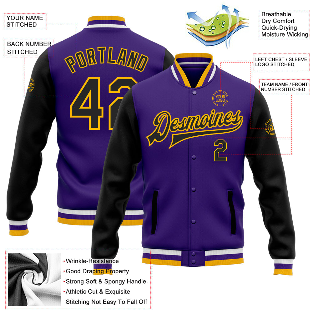 Custom Purple Black-Gold Bomber Full-Snap Varsity Letterman Two Tone Jacket view 5
