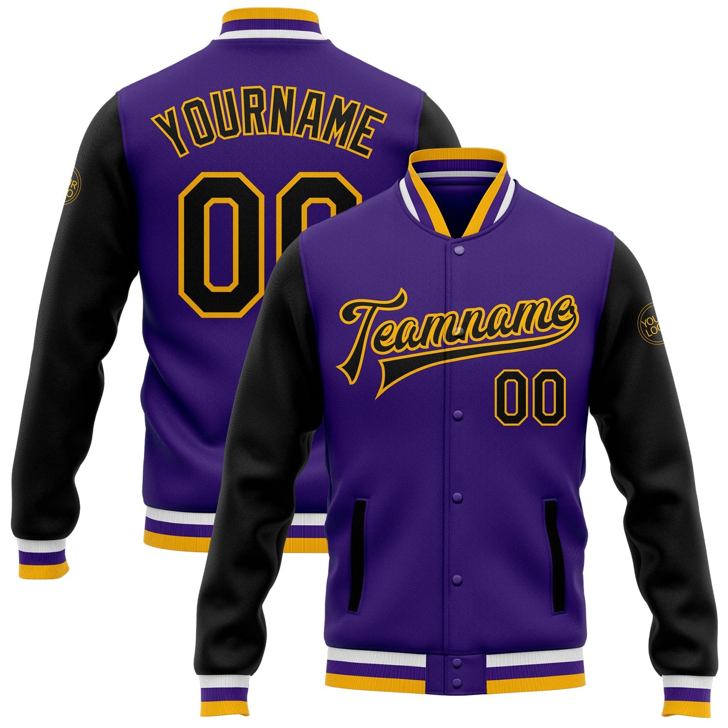 Custom Purple Black-Gold Bomber Full-Snap Varsity Letterman Two Tone Jacket - Main View